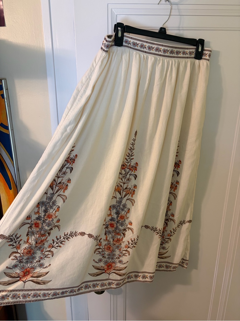 Max Studio Cream Maxi Skirt with Rust and Muted Blue Floral Border NWOT
